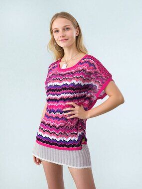 Cache Women’s Pink Chevron Knit Tunic Top with Cutout Pocho Style Sleeve Detail
